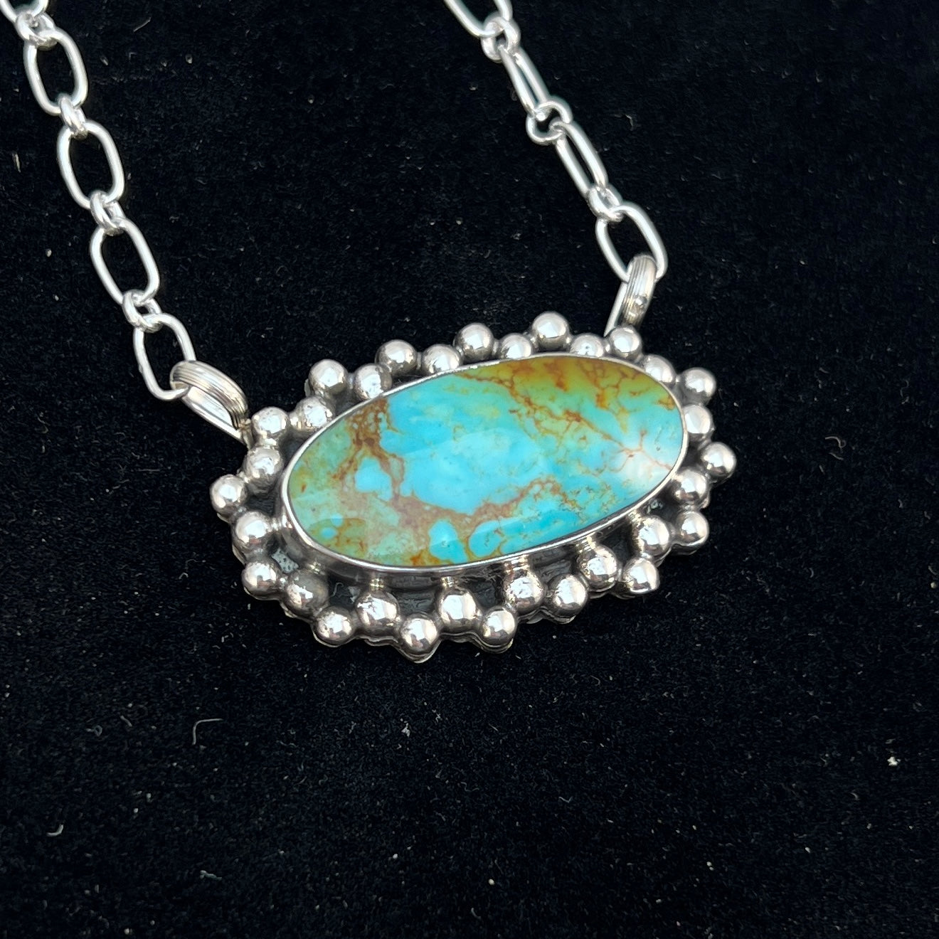Kingman turquoise oval bar station necklace 5 sterling silver Gregg Yazzie