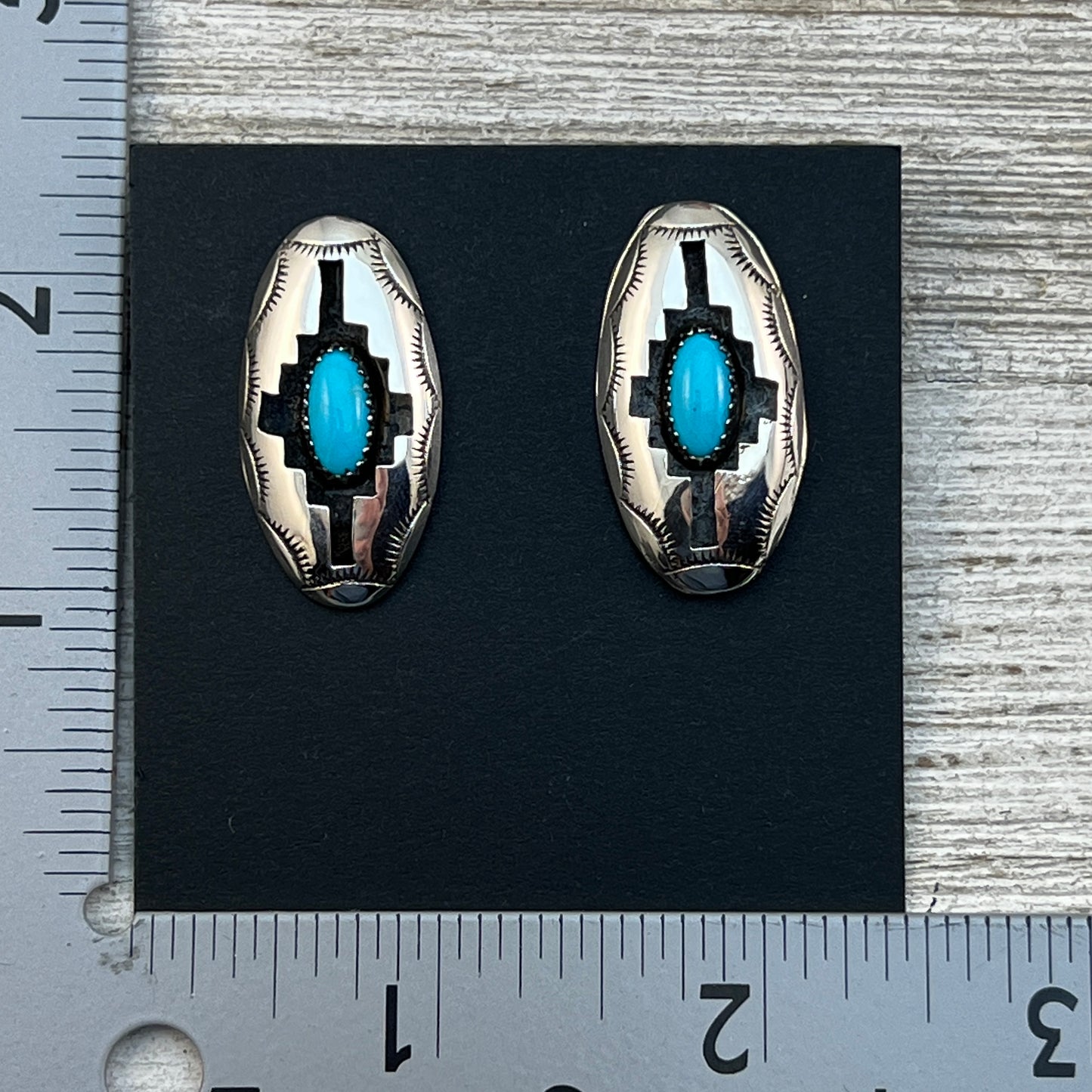 oval concho shadowbox post stud earrings, sterling silver turquoise Felix Perry