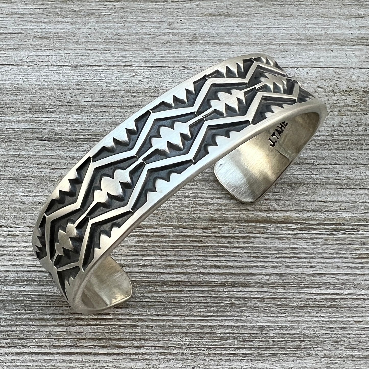 6 1/2" Heavy Stamped cuff bracelet 2, Navajo handmade Jerrold Tahe sterling silver stack