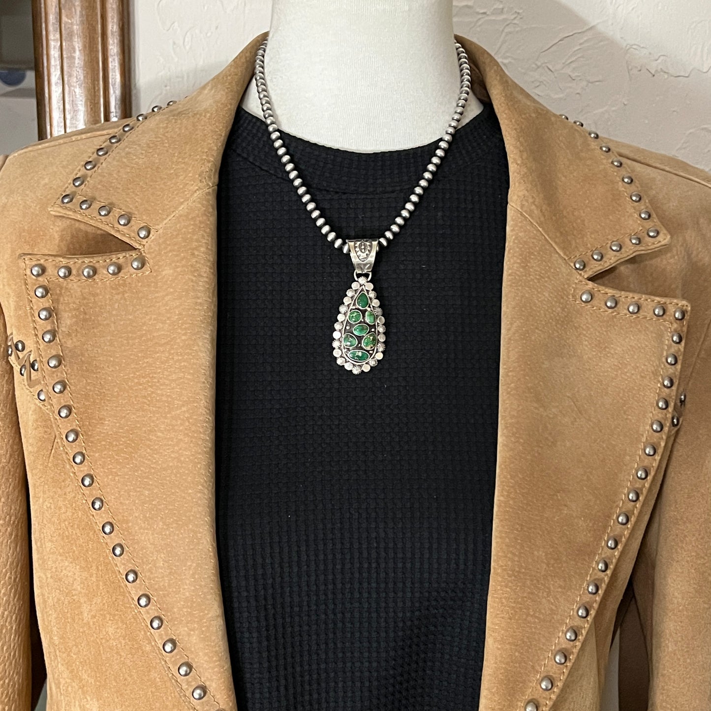 17" bead Necklace Green Sonoran Turquoise Adrienne Gordon Navajo sterling silver