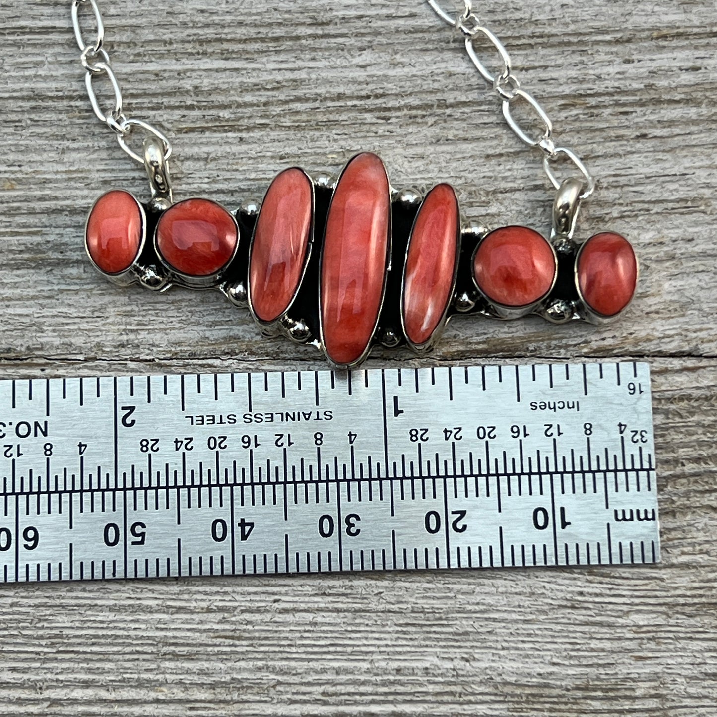 18" Spiny Oyster 7 stone Necklace Sterling Silver Navajo handmade Kimberly Yazzie 1