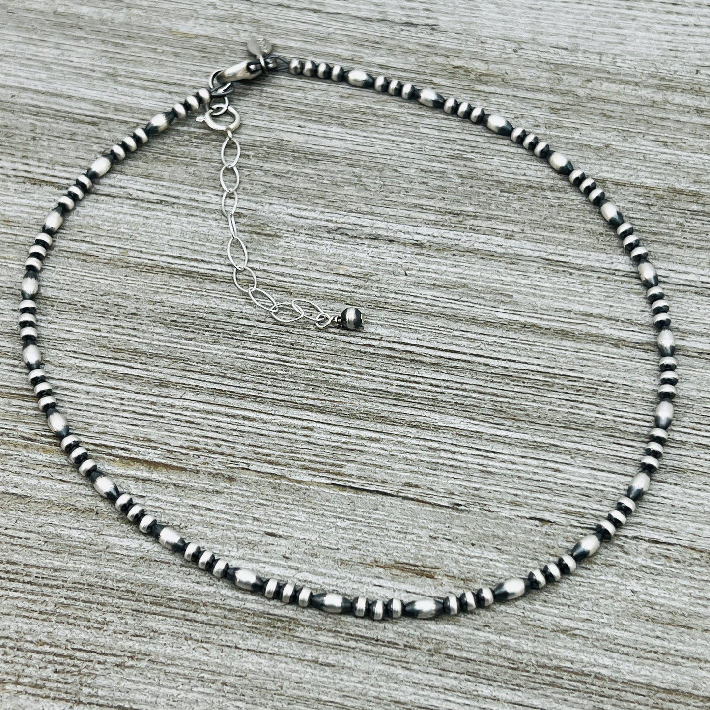 14" plus 2" extension adjustable choker, Real Sterling Silver, oxidized, Bead Necklace, Western Boho Pearl