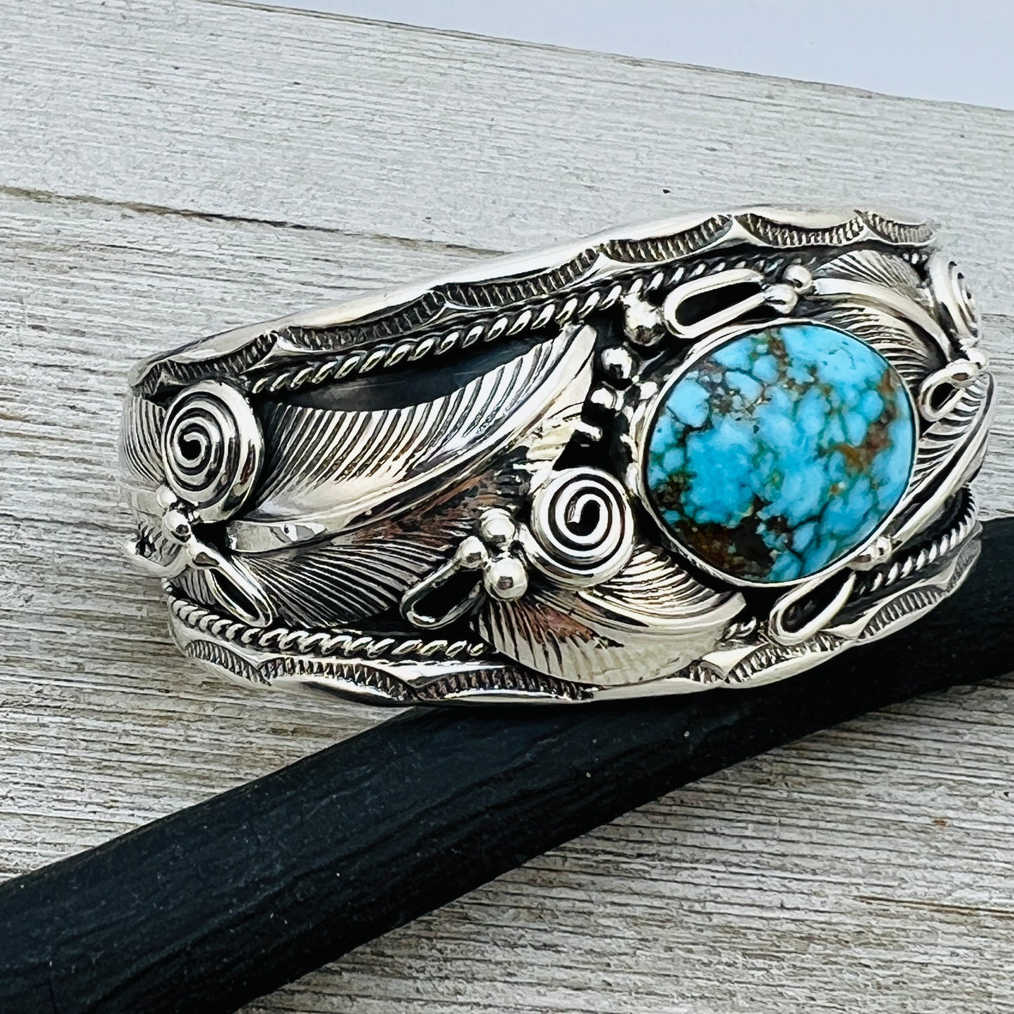 6 1/2" Kingman Turquoise floral cuff bracelet sterling silver Darrell Morgan BR5