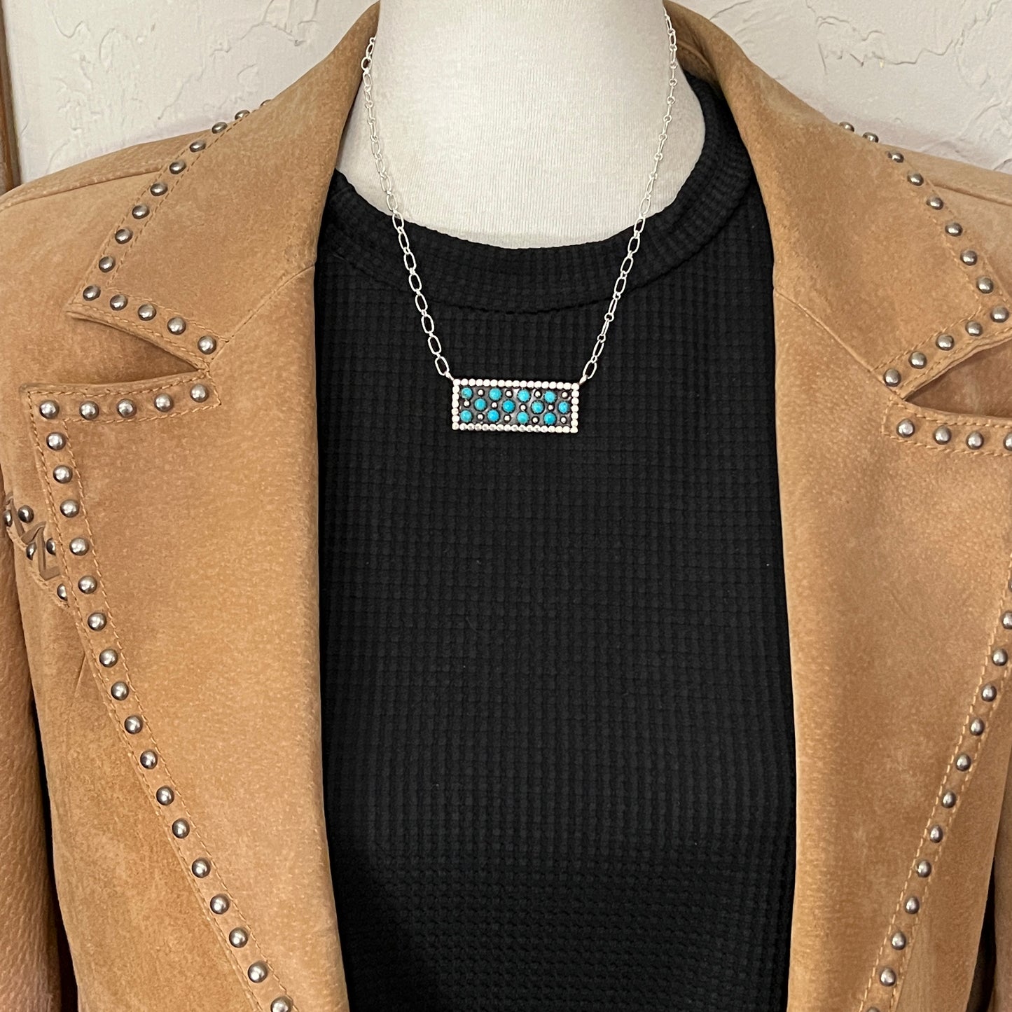 18" Zuni Snake Eye Dot Turquoise Sterling silver handmade Bar Necklace Kenny Lonjose 3