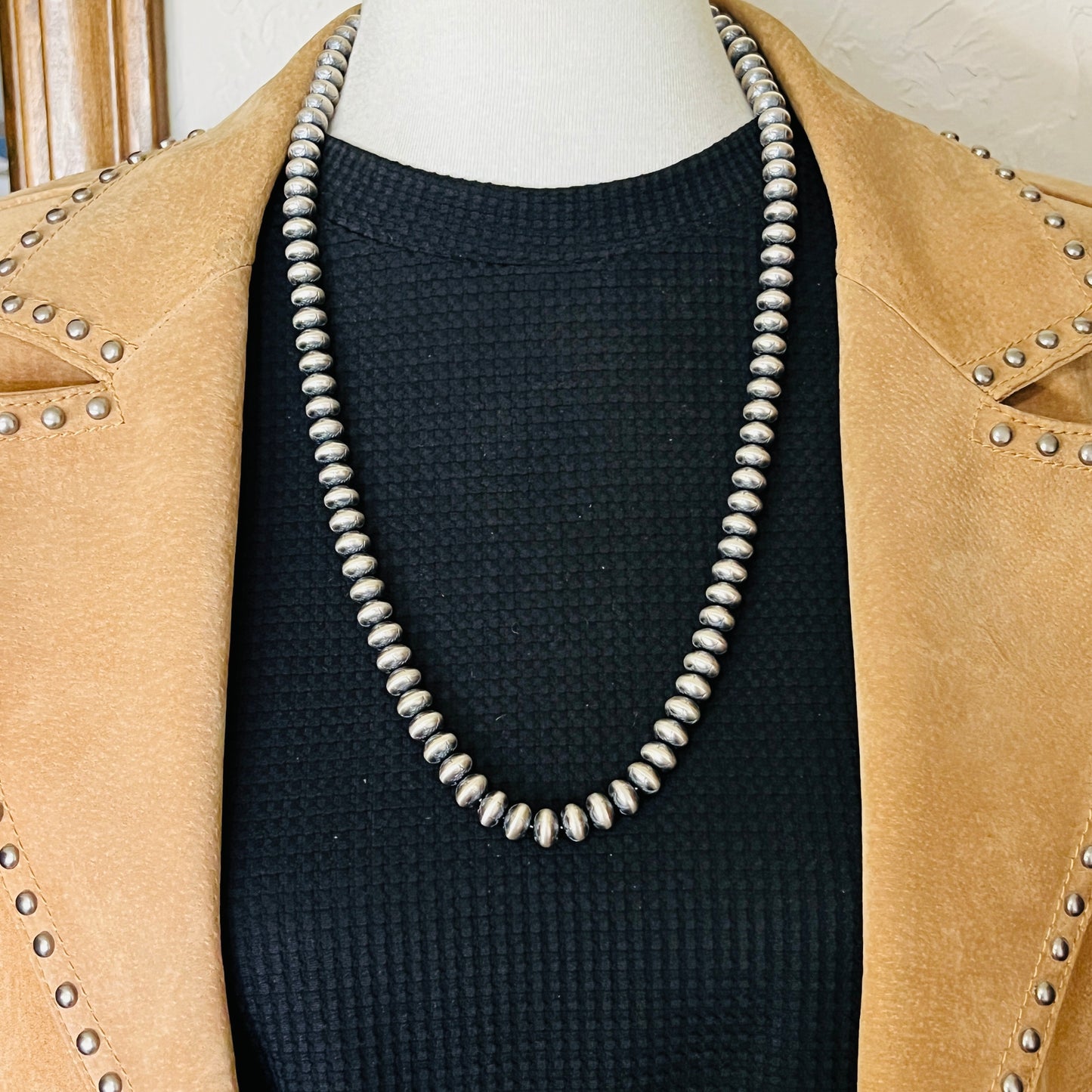 26" Sterling silver Navajo handmade stamped 9mm oval bead Pearl necklace Bryannen Halwood signed