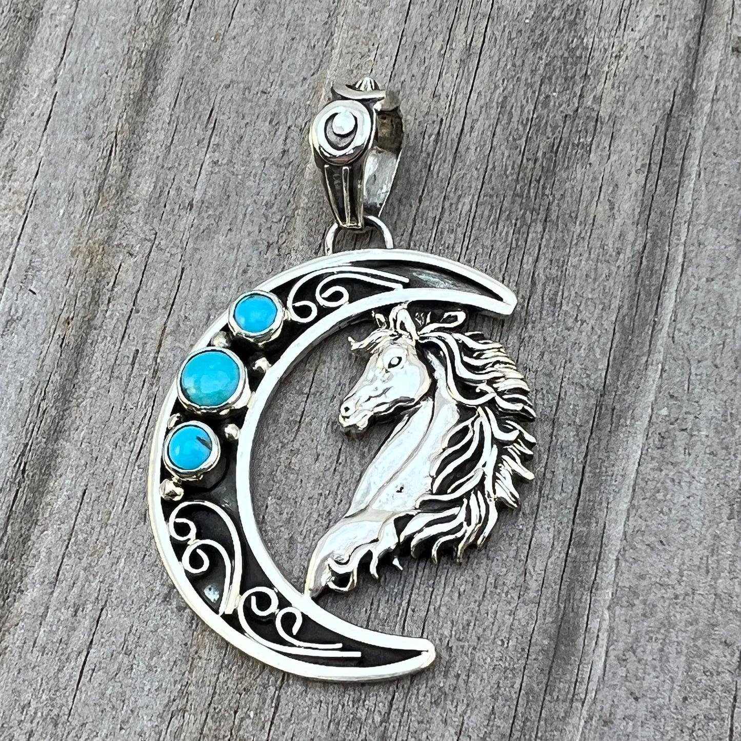 Blue turquoise horse moon pendant sterling silver Jennifer Cayaditto Navajo 823