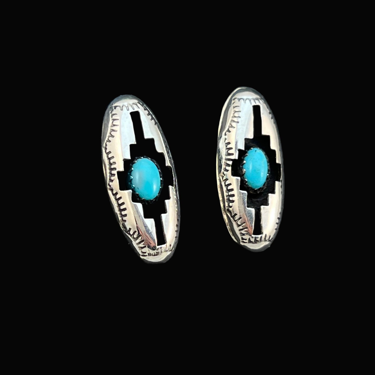 Small oval concho shadowbox post stud earrings, sterling silver turquoise Felix Perry