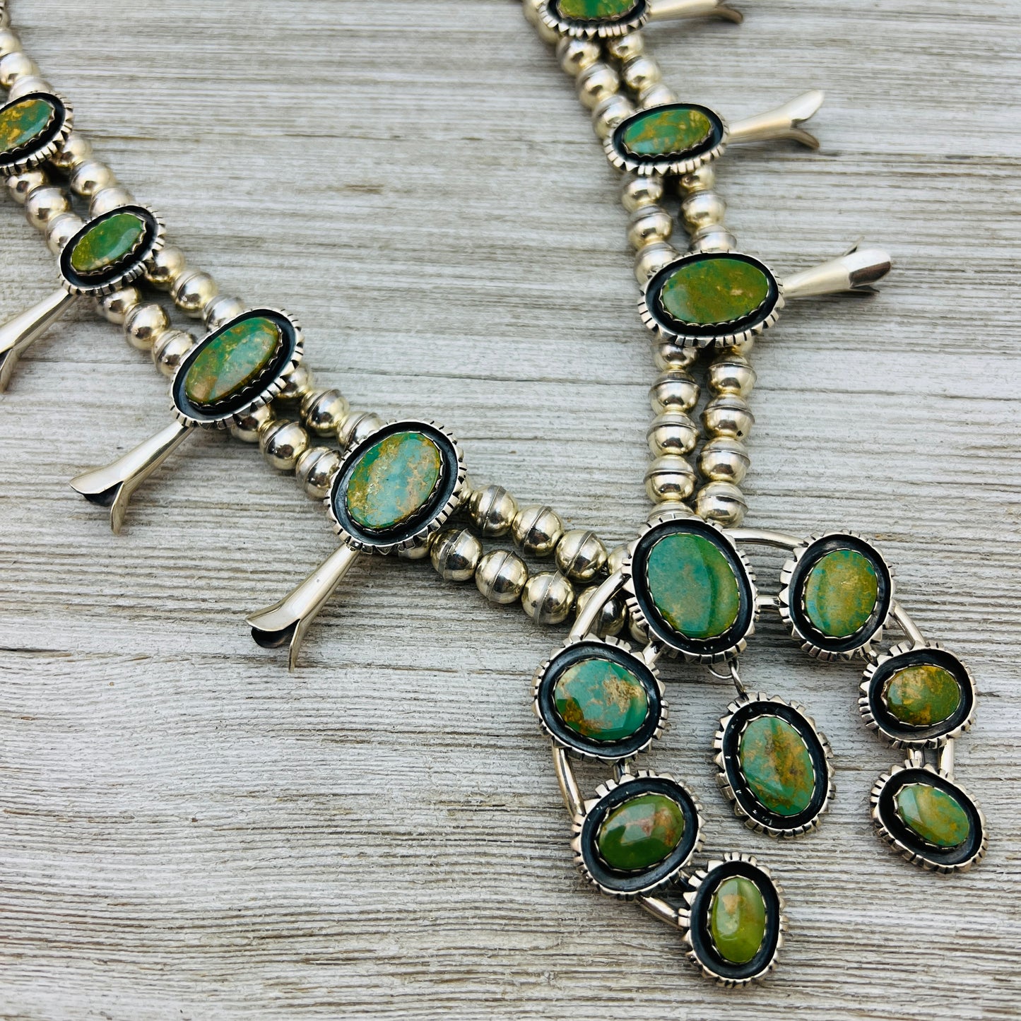 Vintage King's Manassa Turquoise 30" squash blossom necklace Sterling silver.