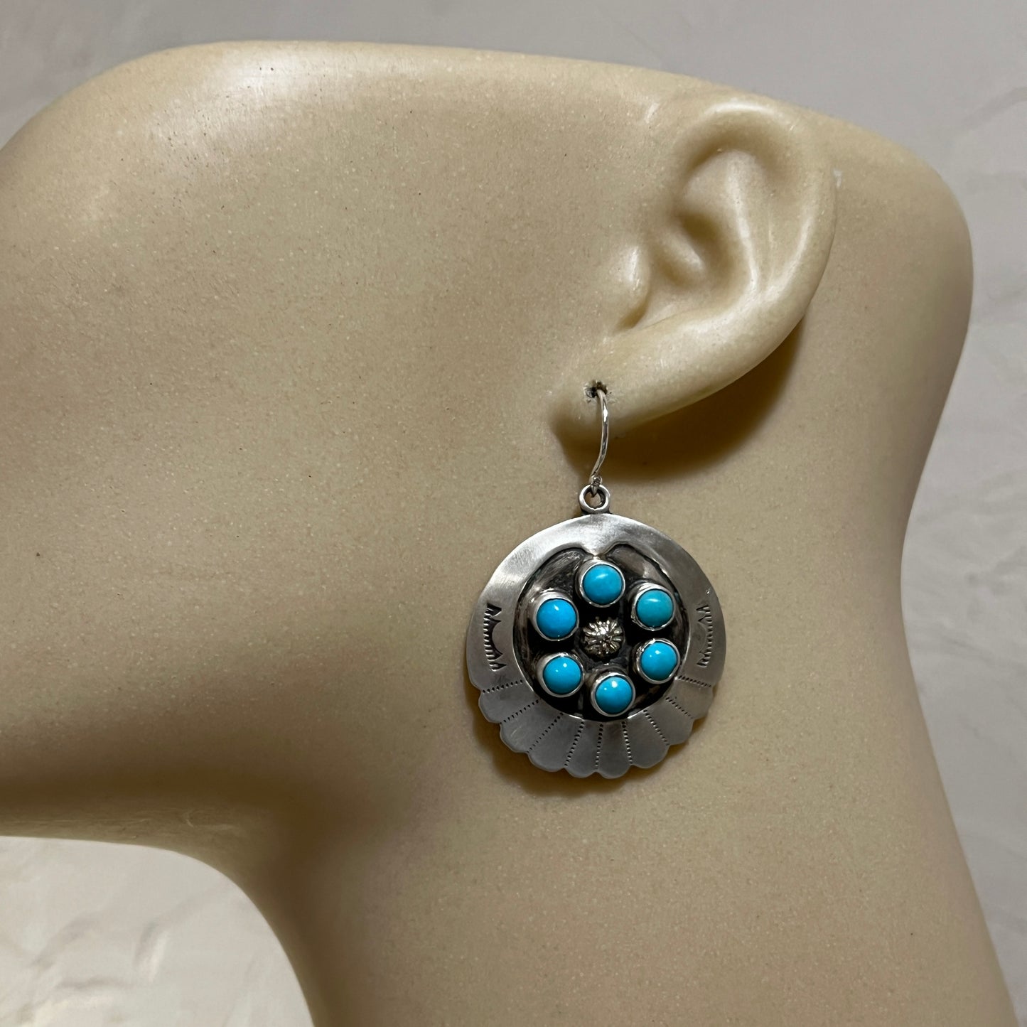 Dangle Concho cluster earrings sterling silver turquoise Kenny Lonjose signed 2
