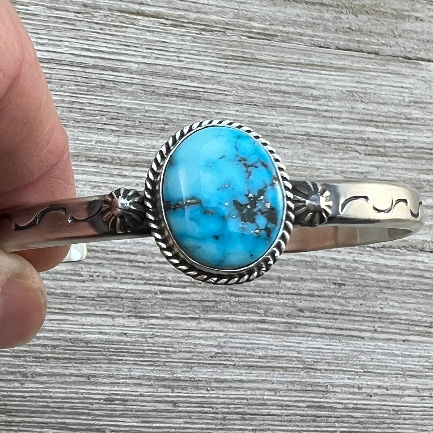 Blue Kingman Turquoise skinny stack Cuff bracelet Sterling Silver Samuel Yellowhair 54