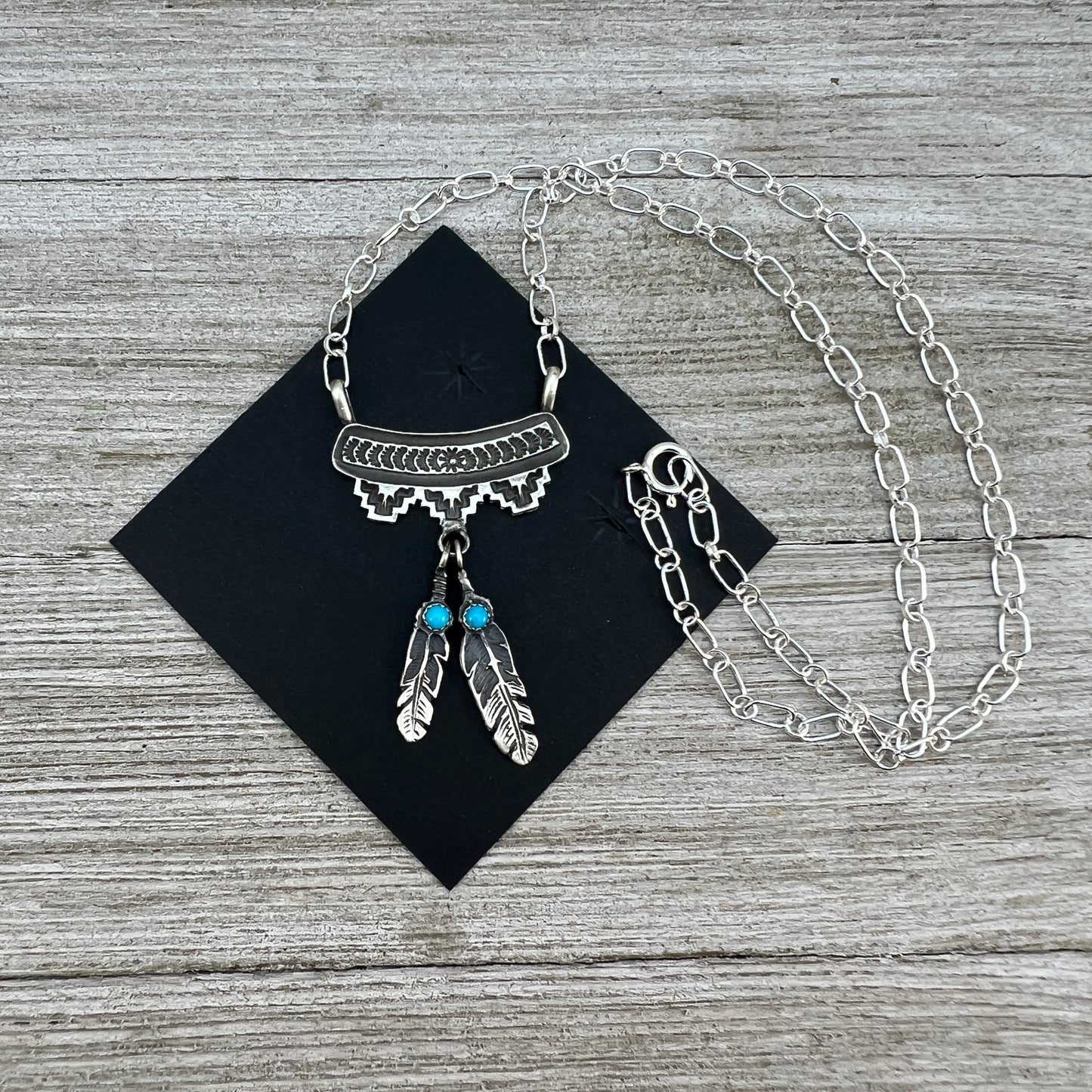 18" Feather necklace Turquoise, sterling silver, Annie Spencer