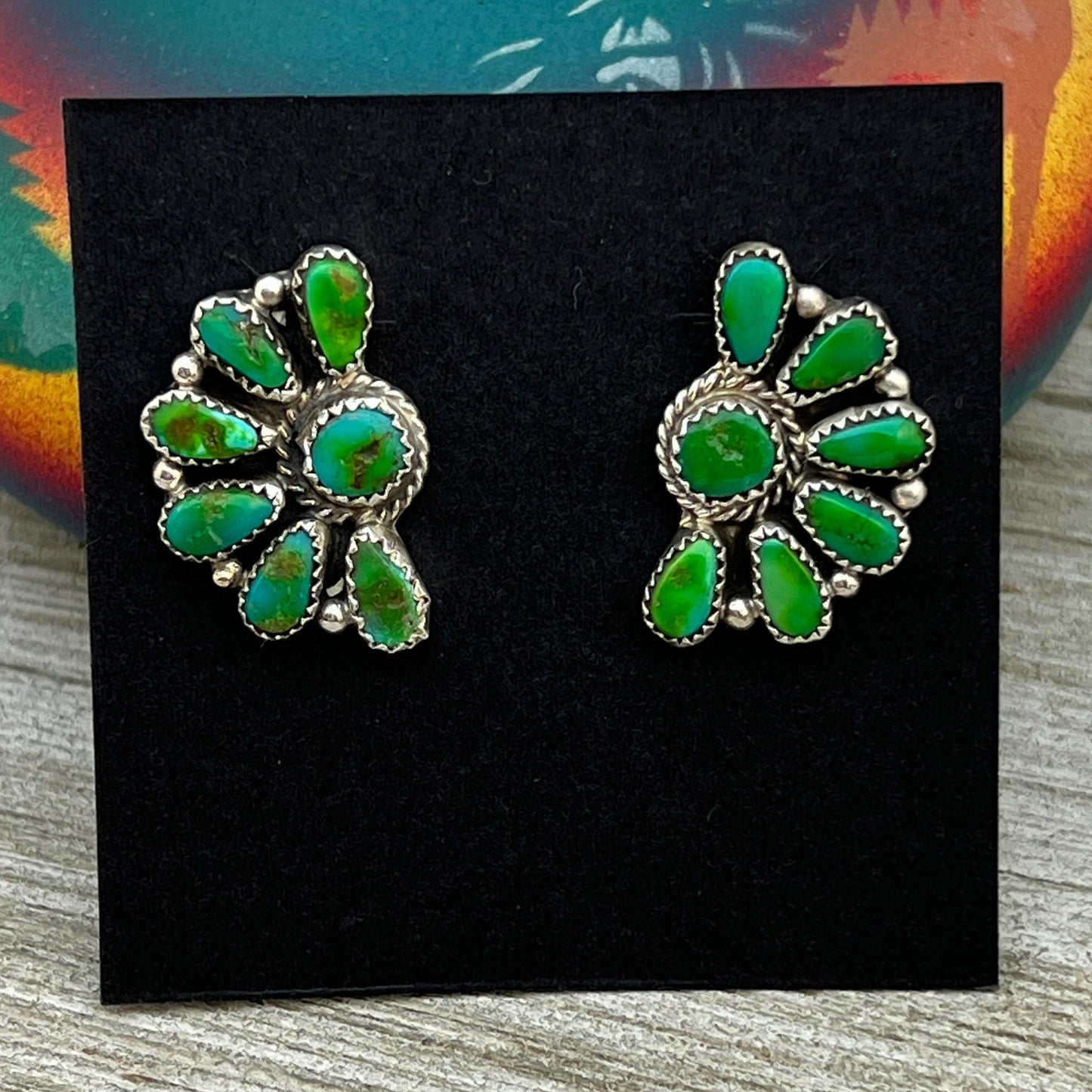 Bright Green Sonoran Gold turquoise Half Cluster earrings Justina Wilson Navajo 880