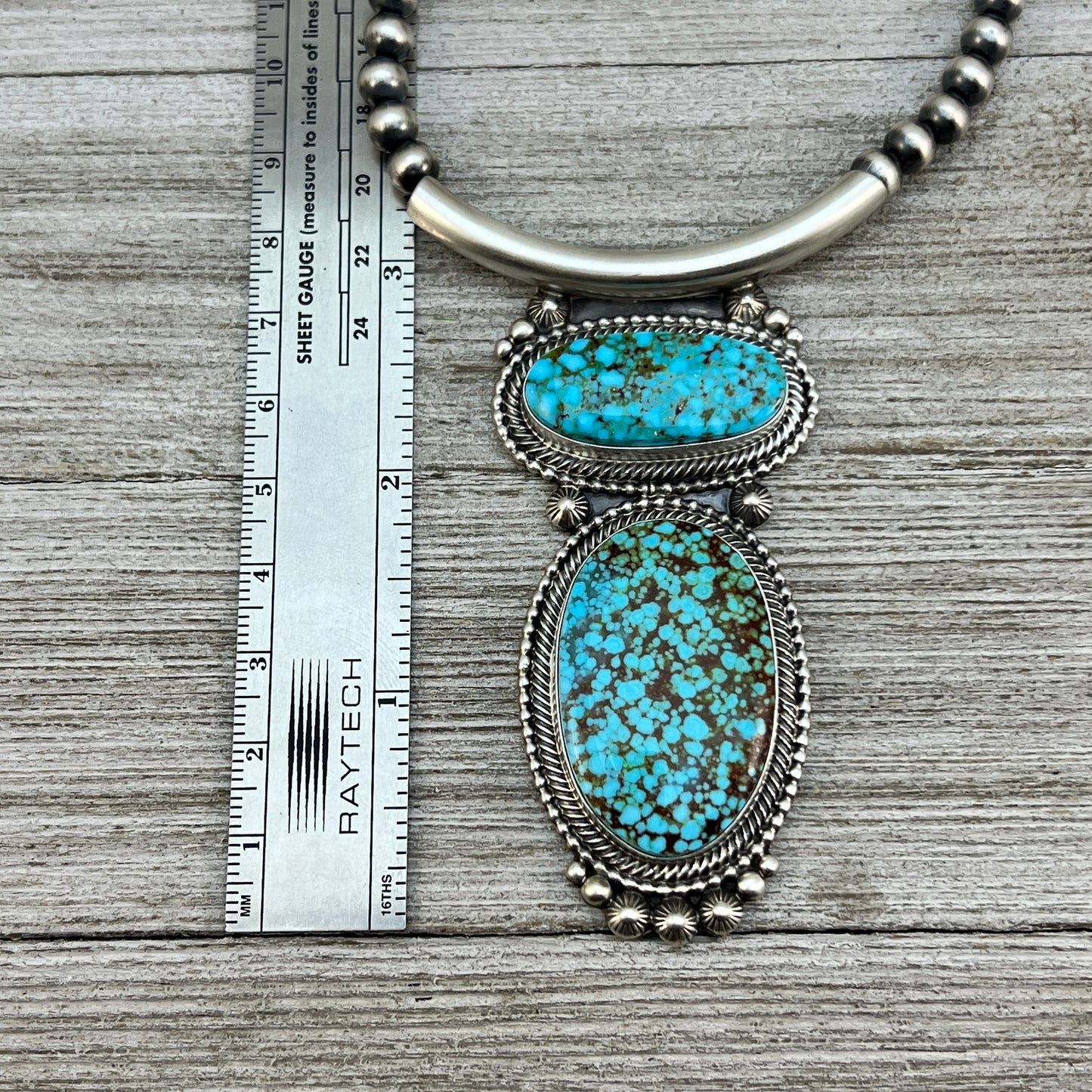 Kingman Turquoise 18" necklace Sterling silver oxidized beads pearls TOM LEWIS