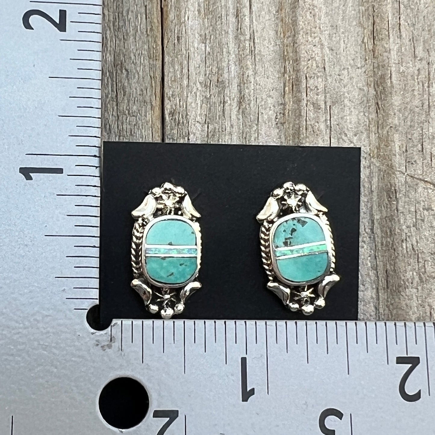 Modern Turquoise Opal inlay Stud Earrings Sterling Silver James Manygoats Navajo 669