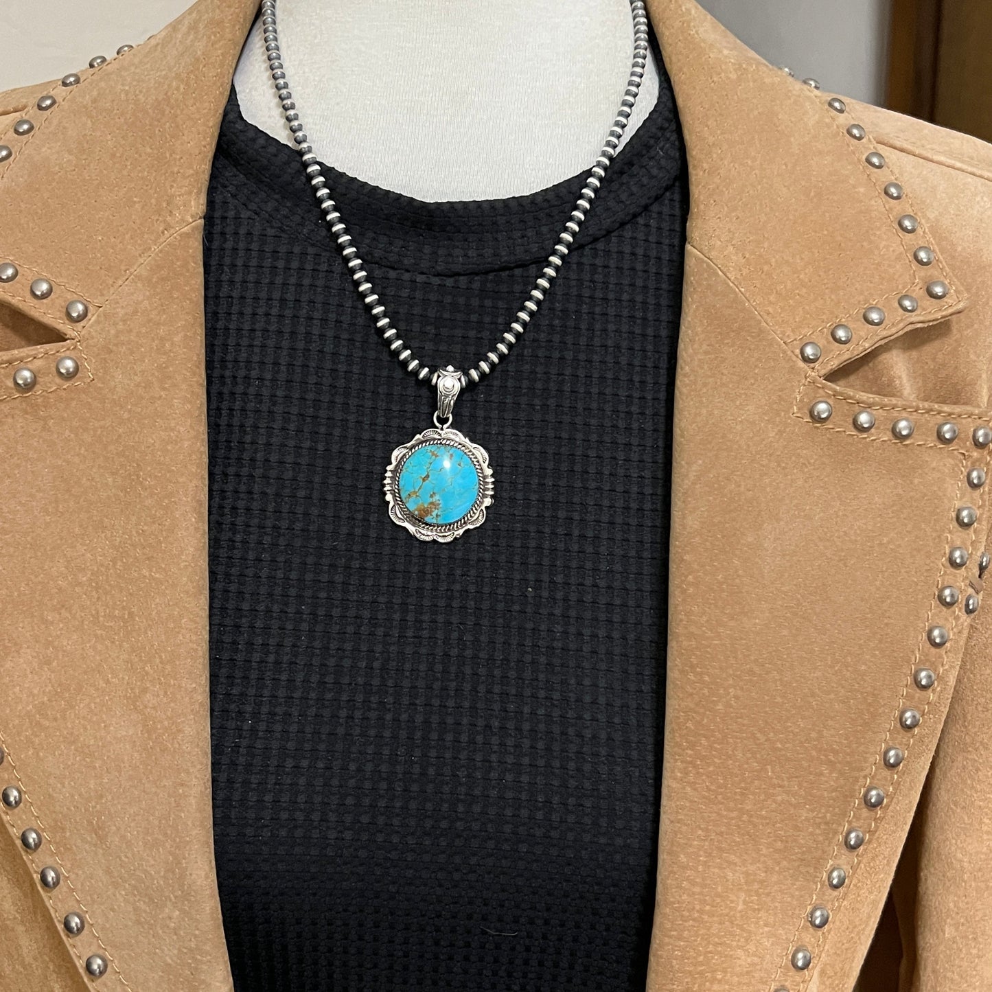 Kingman Turquoise Pendant Sterling silver Navajo handmade Jeremy Delgarito 765