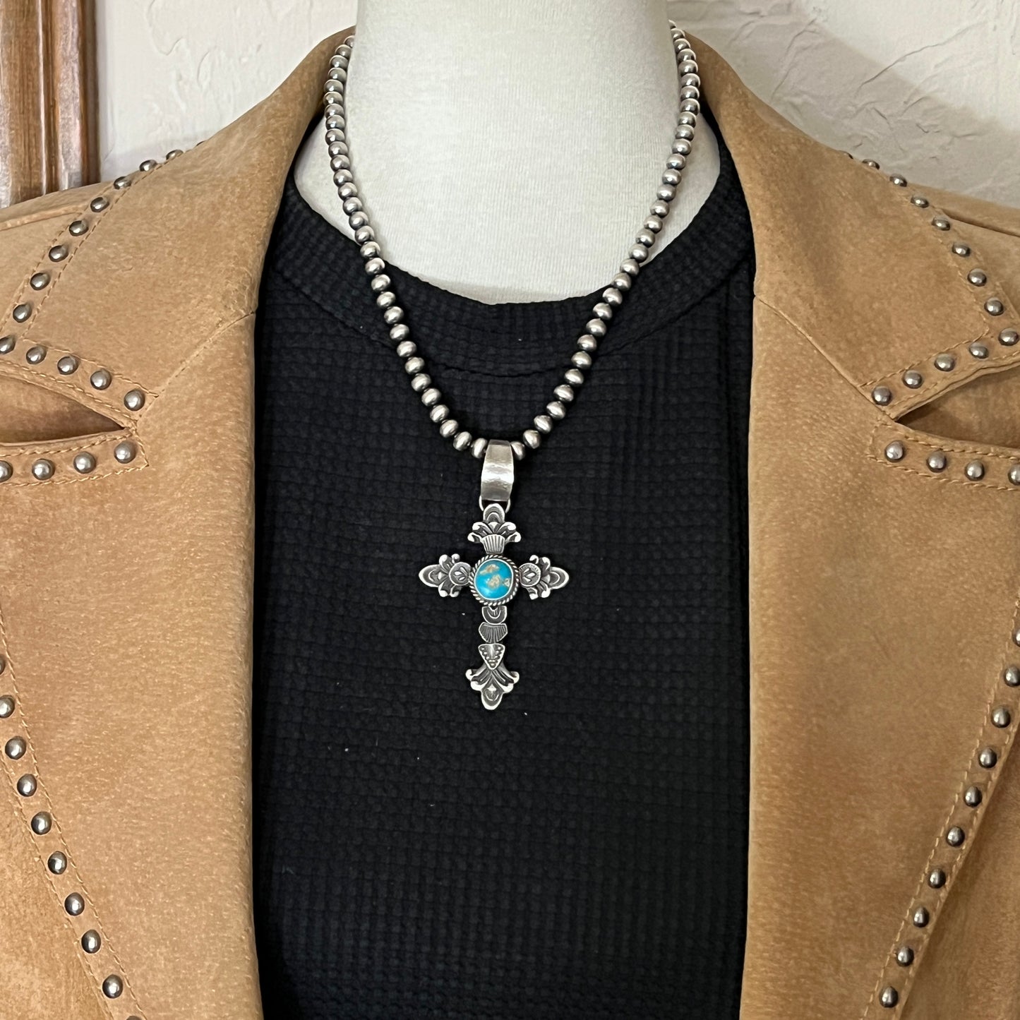 Kingman turquoise ornate cross pendant sterling silver Kevin Billah Navajo 808