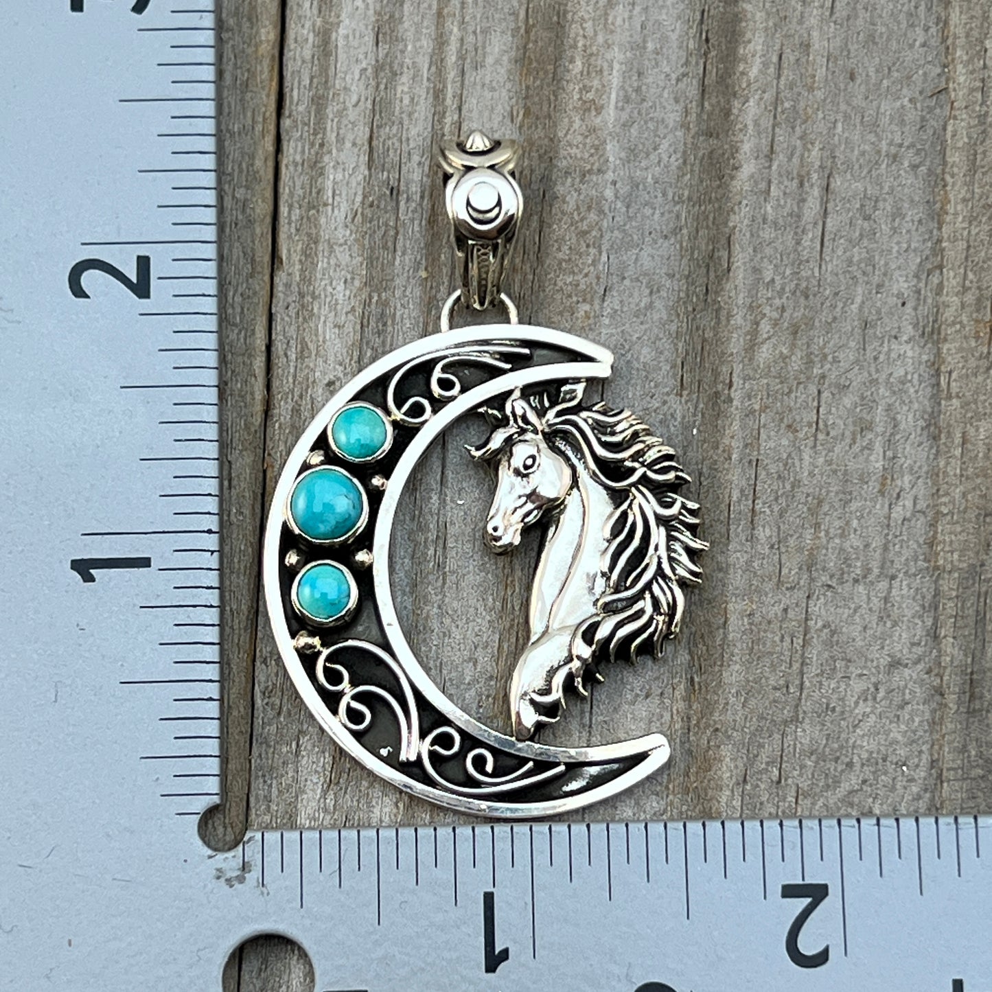 Blue turquoise horse moon pendant sterling silver Jennifer Cayaditto Navajo 822
