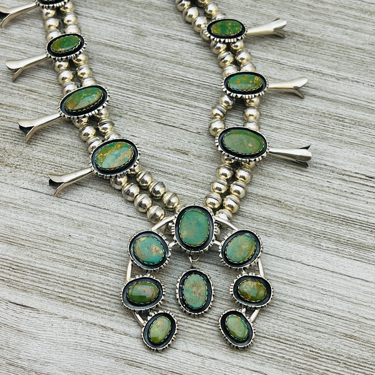 Vintage King's Manassa Turquoise 30" squash blossom necklace Sterling silver.