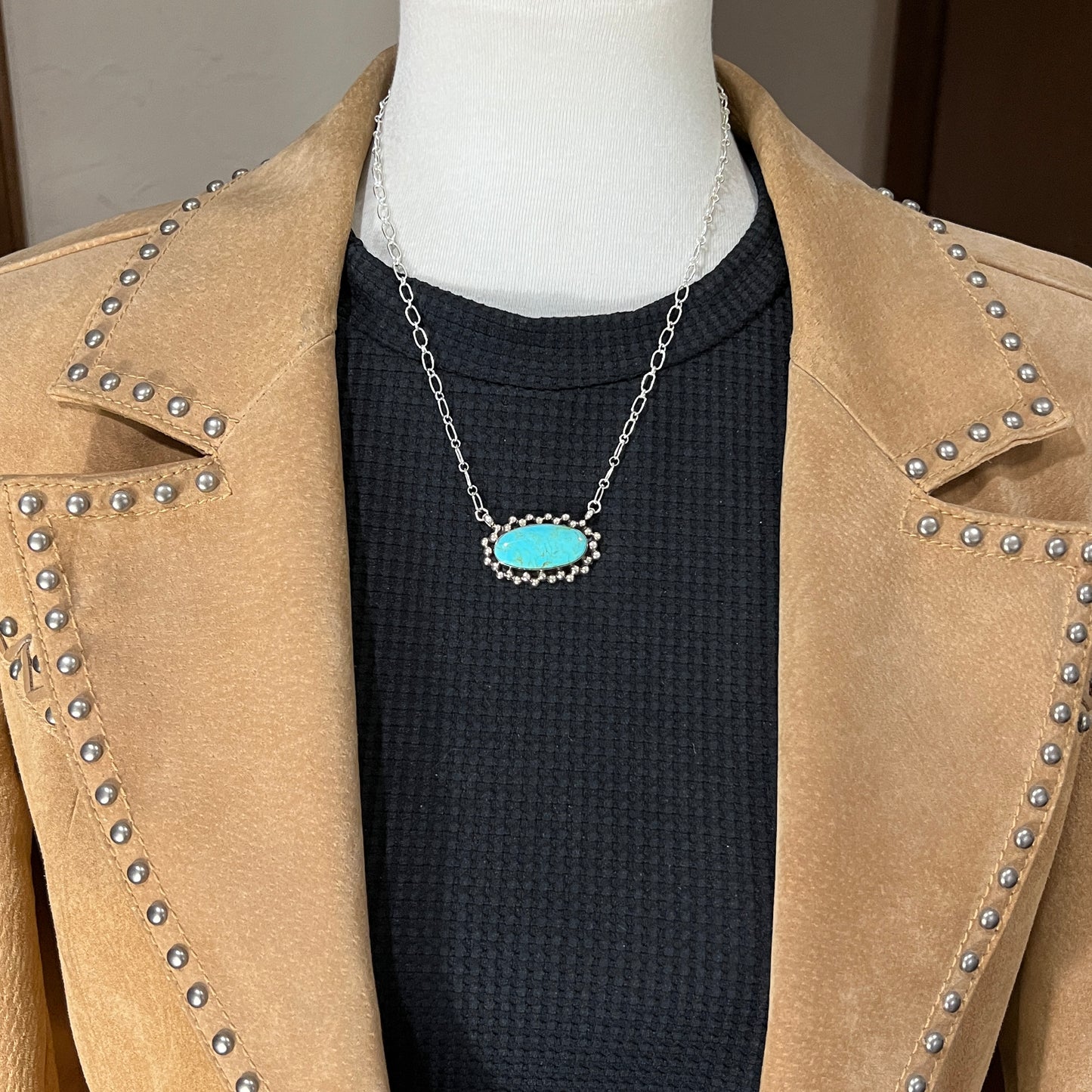 Kingman turquoise oval bar station necklace 2 sterling silver Gregg Yazzie