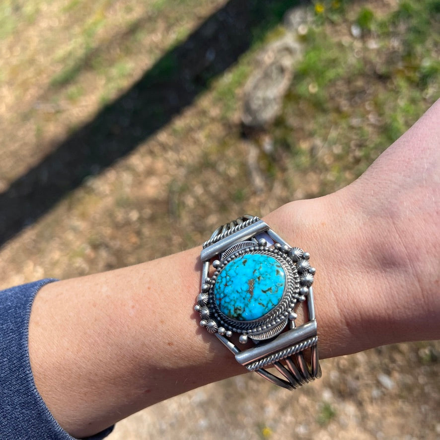 6.5" Kingman spiderweb turquoise cuff bracelet 2 Navajo sterling TOM LEWIS