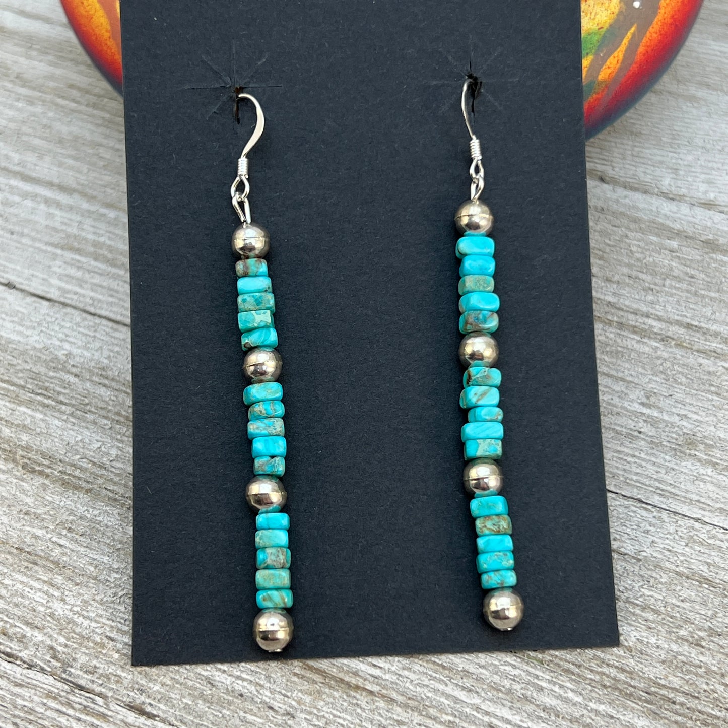 Long skinny Turquoise bead Sterling Silver Navajo Pearl Earrings, Louise Joe