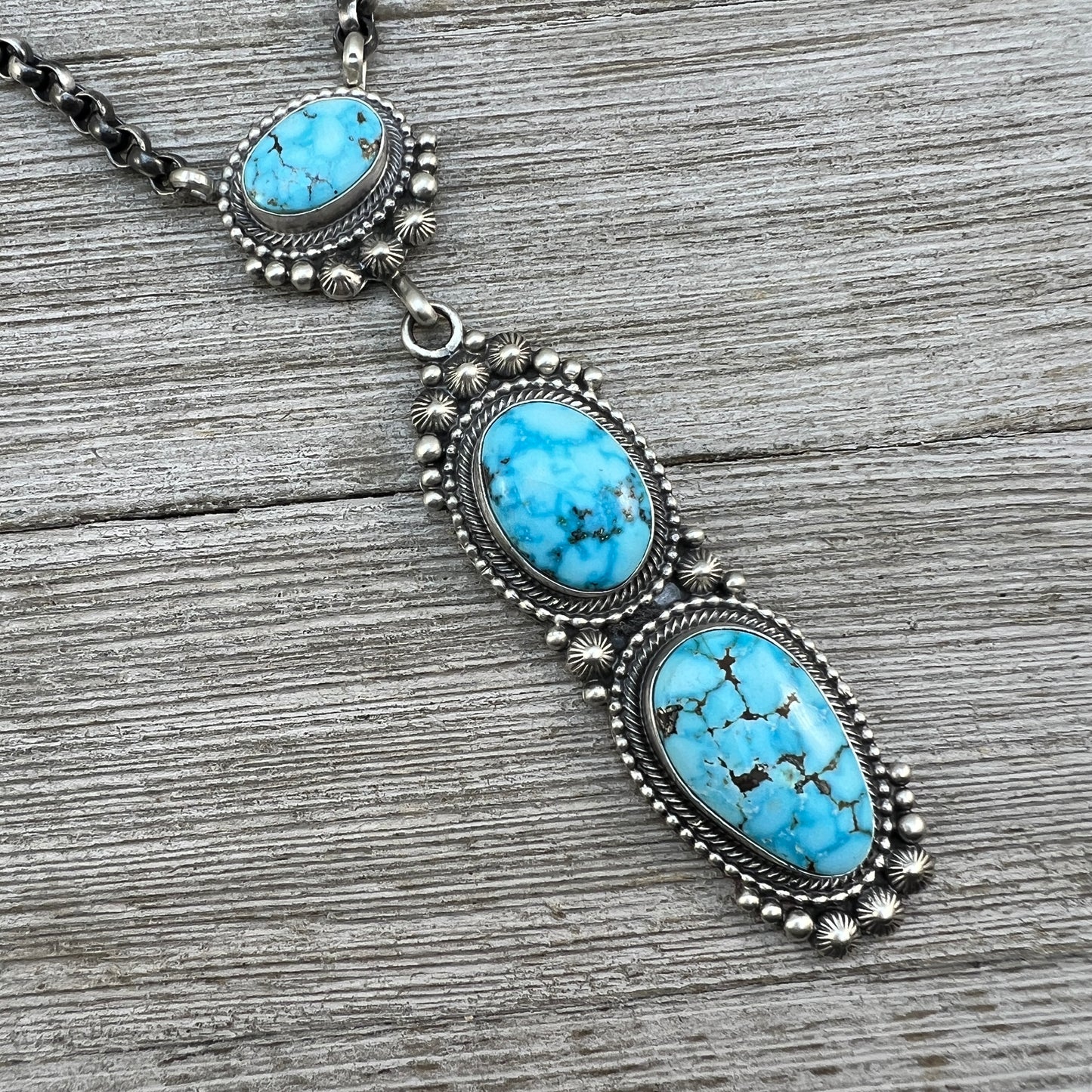 23" Blue Spiderweb Kingman turquoise Necklace, Sterling Silver Rolo Chain Navajo