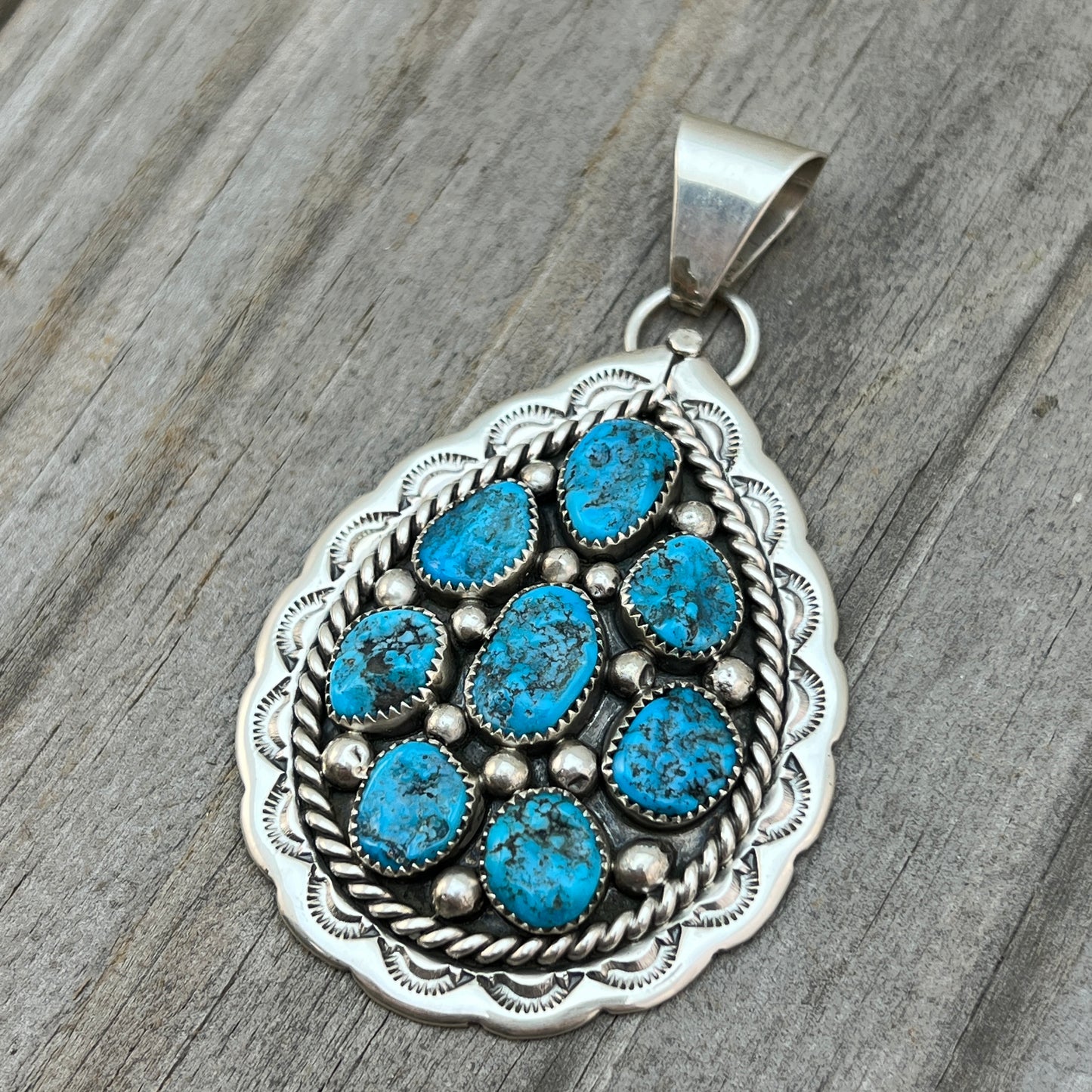 Kingman turquoise Cluster pendant sterling silver Chester Charley Navajo 810