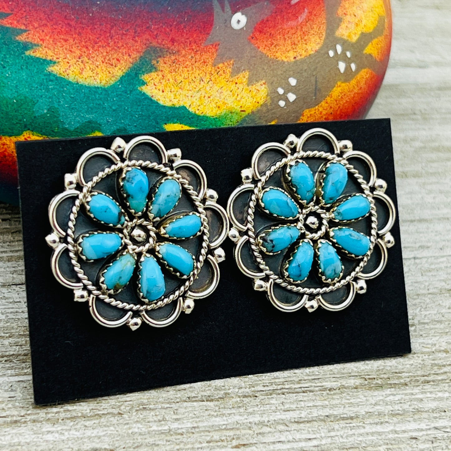 Turquoise Petit Point Round Cluster Earrings Gerald Mitchell signed Sterling silver ER1