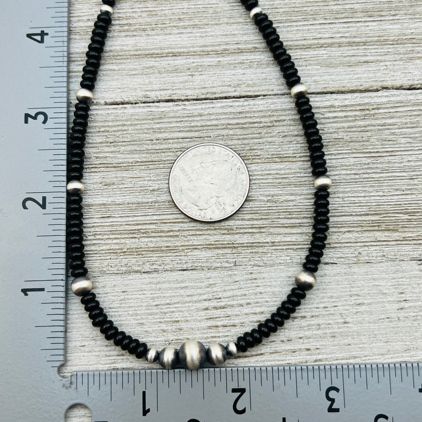 13" 14" 15" 16" 17" adjustable choker, Real Sterling Silver, oxidized, Black Onyx Bead Necklace, Western Boho Pearl
