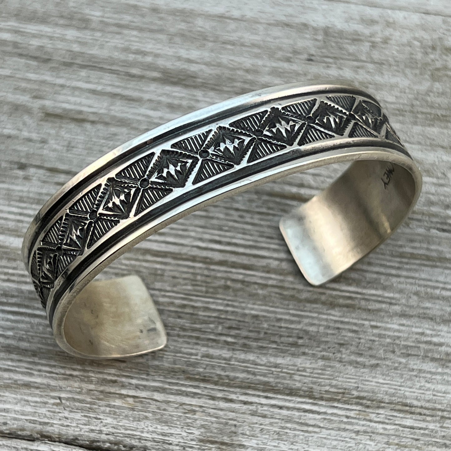 6.5" Sterling silver hand stamped Cuff Bracelet Navajo Leonard Maloney signed boho 360