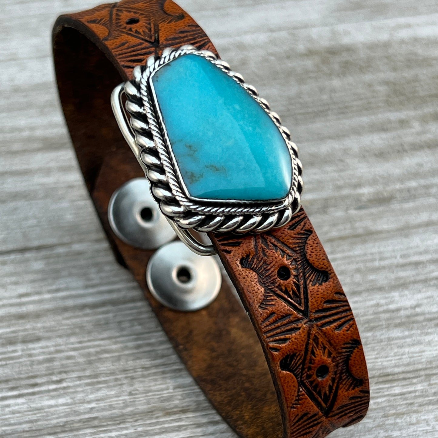 Real Turquoise leather Sterling silver bracelet adjustable Navajo Mike Smith Size 7, 7.5