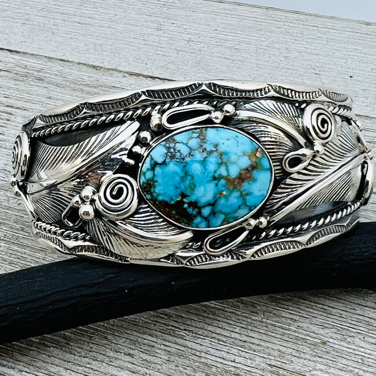 6 1/2" Kingman Turquoise floral cuff bracelet sterling silver Darrell Morgan BR5