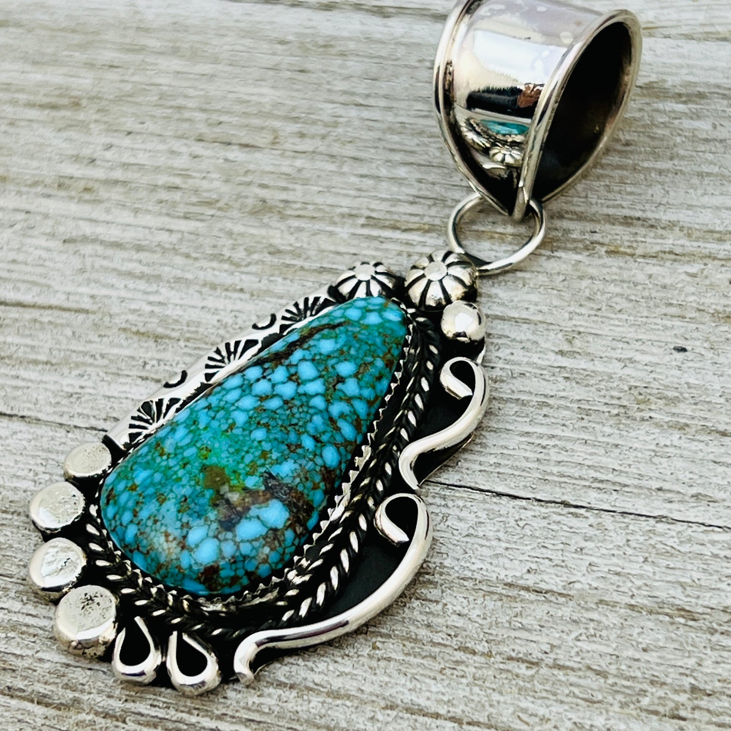 Blue Kingman Spiderweb Turquoise Pendant Navajo Sterling silver Phil Nez 857