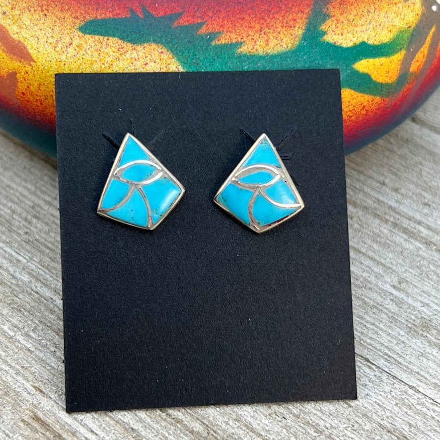Small Zuni Fish scale inlay turquoise stud post earrings, Orena Leekya 6
