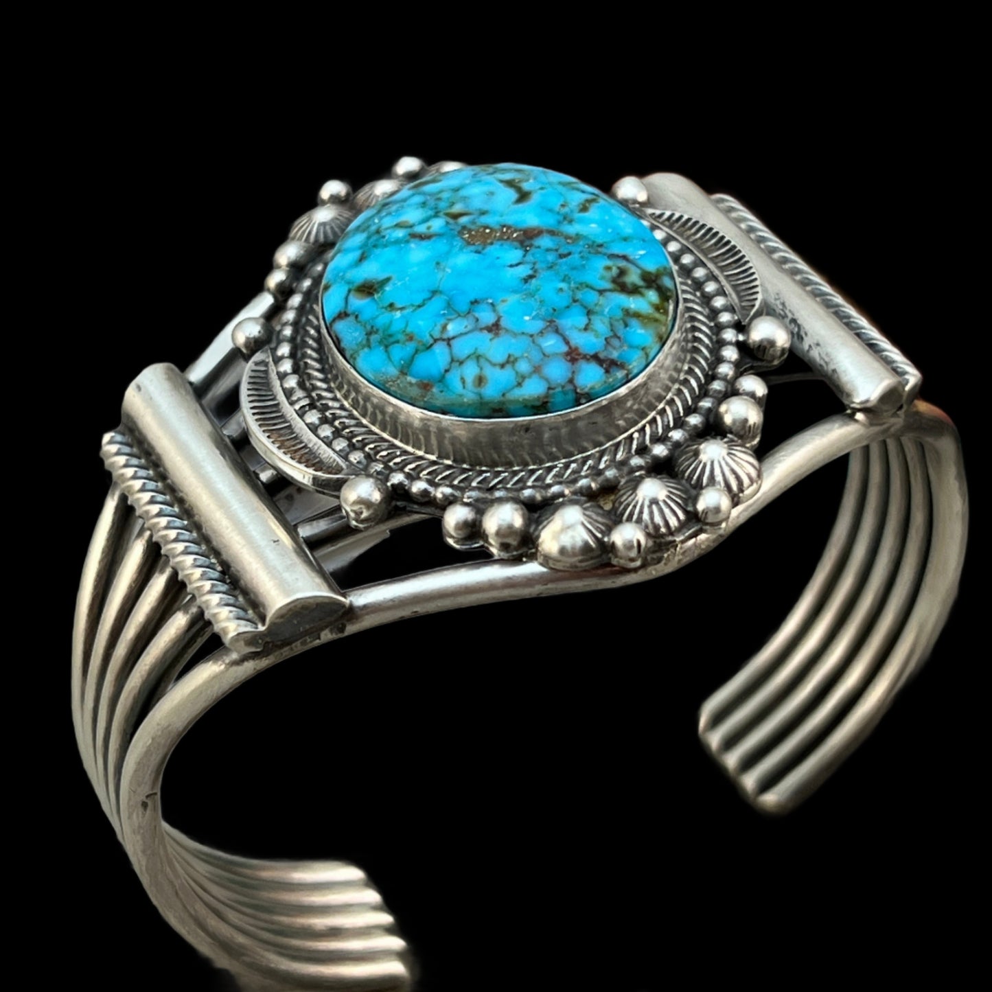 6.5" Kingman spiderweb turquoise cuff bracelet 2 Navajo sterling TOM LEWIS