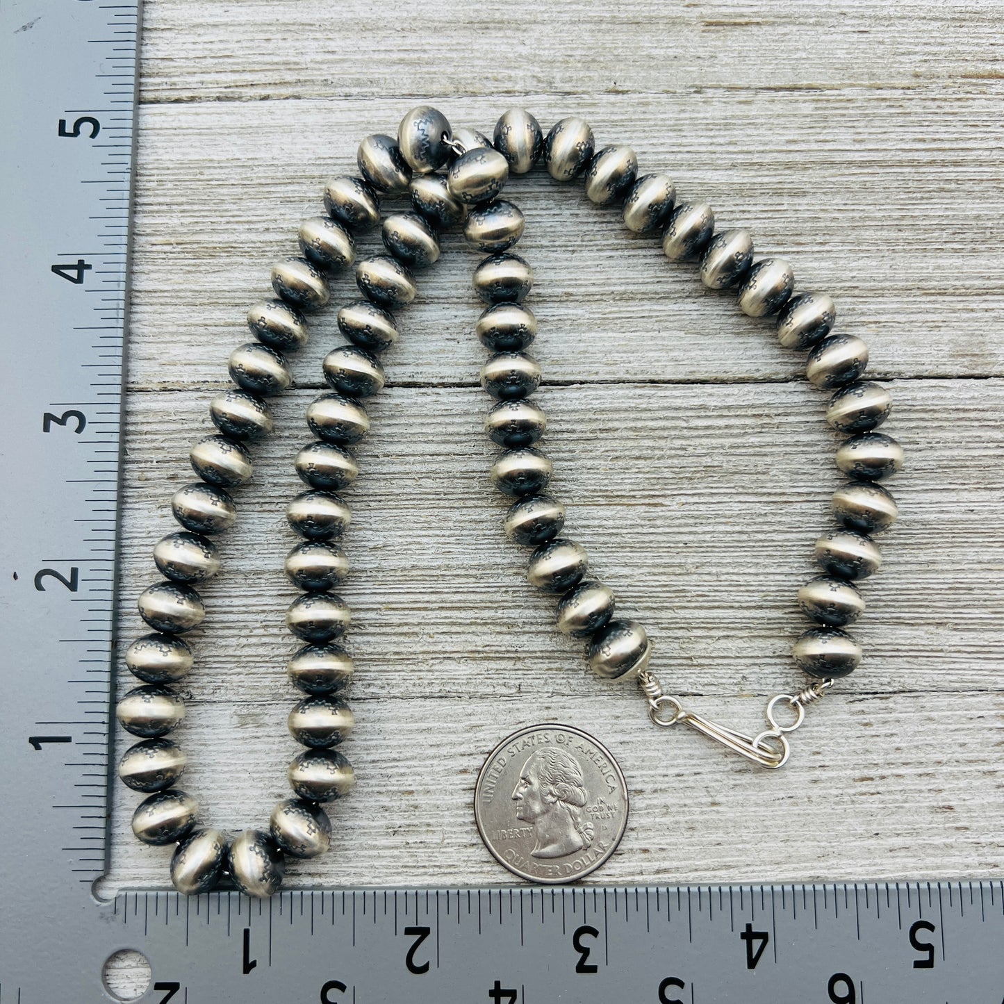 20" Sterling silver Navajo handmade 10mm stamped bead Pearl necklace Bryannen Halwood 712