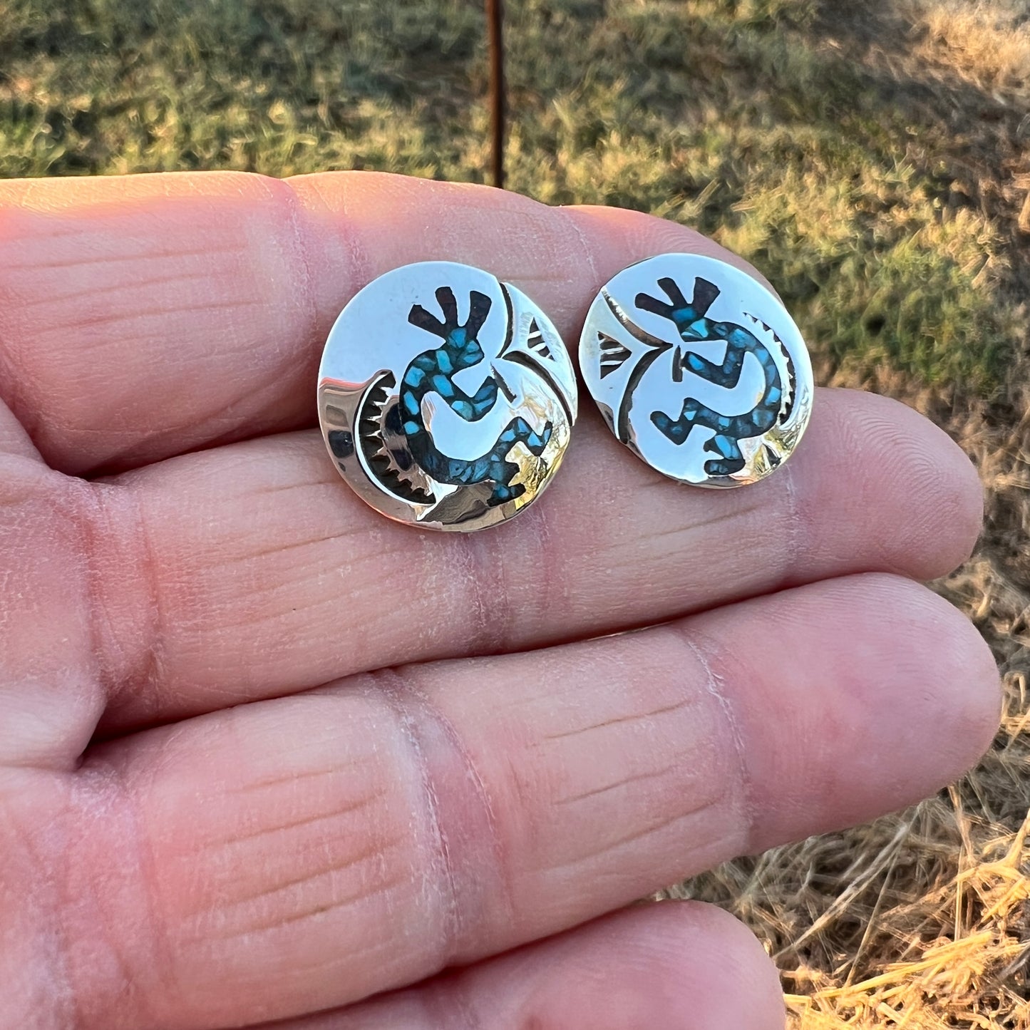 Turquoise Chip inlay Kokopelli small concho earrings Sterling silver Jolene Yazzie