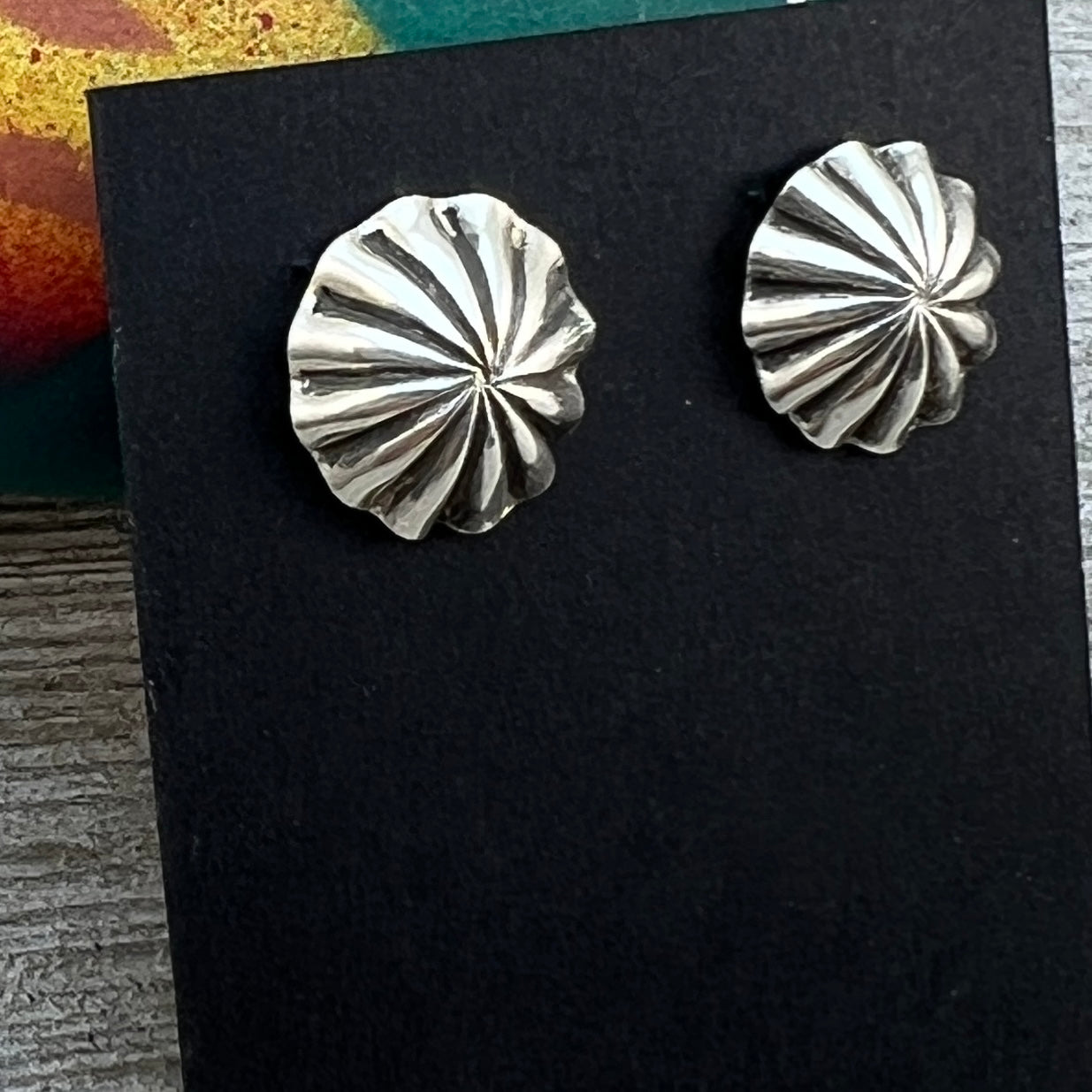 Lightweight small fluted Corrugated stamped concho earrings Sterling silver Sally Shurley