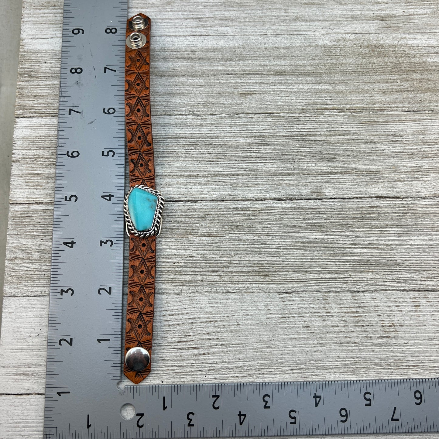 Real Turquoise leather Sterling silver bracelet adjustable Navajo Mike Smith Size 7, 7.5
