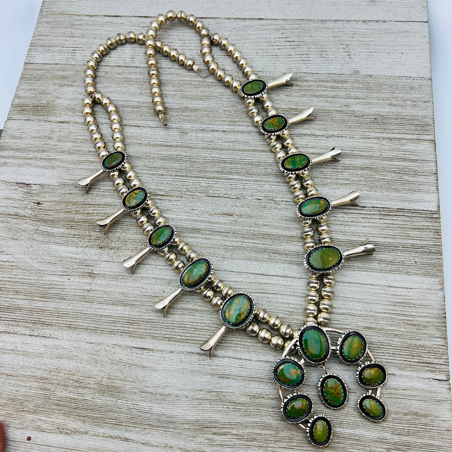 Vintage King's Manassa Turquoise 30" squash blossom necklace Sterling silver.