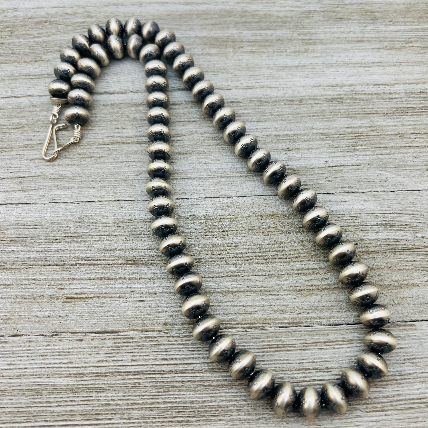20" Sterling silver Navajo handmade 10mm stamped bead Pearl necklace Bryannen Halwood 712
