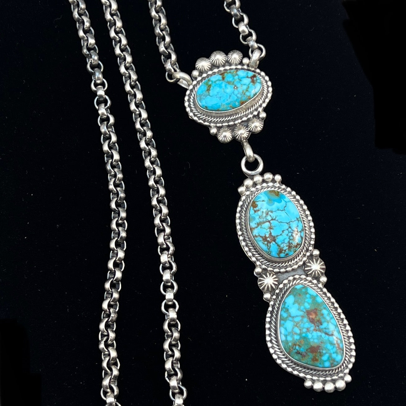 24” Kingman turquoise Necklace 5, Sterling Silver Rolo Chain Tom Lewis Navajo