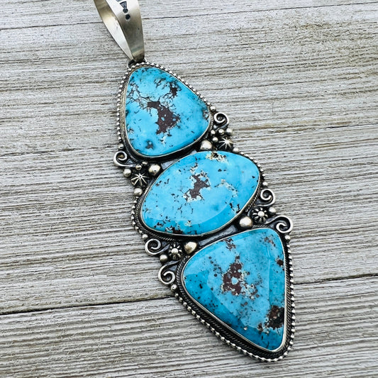 Very Large Blue Kingman Turquoise Pendant Sterling silver Navajo handmade Kathleen Livingston