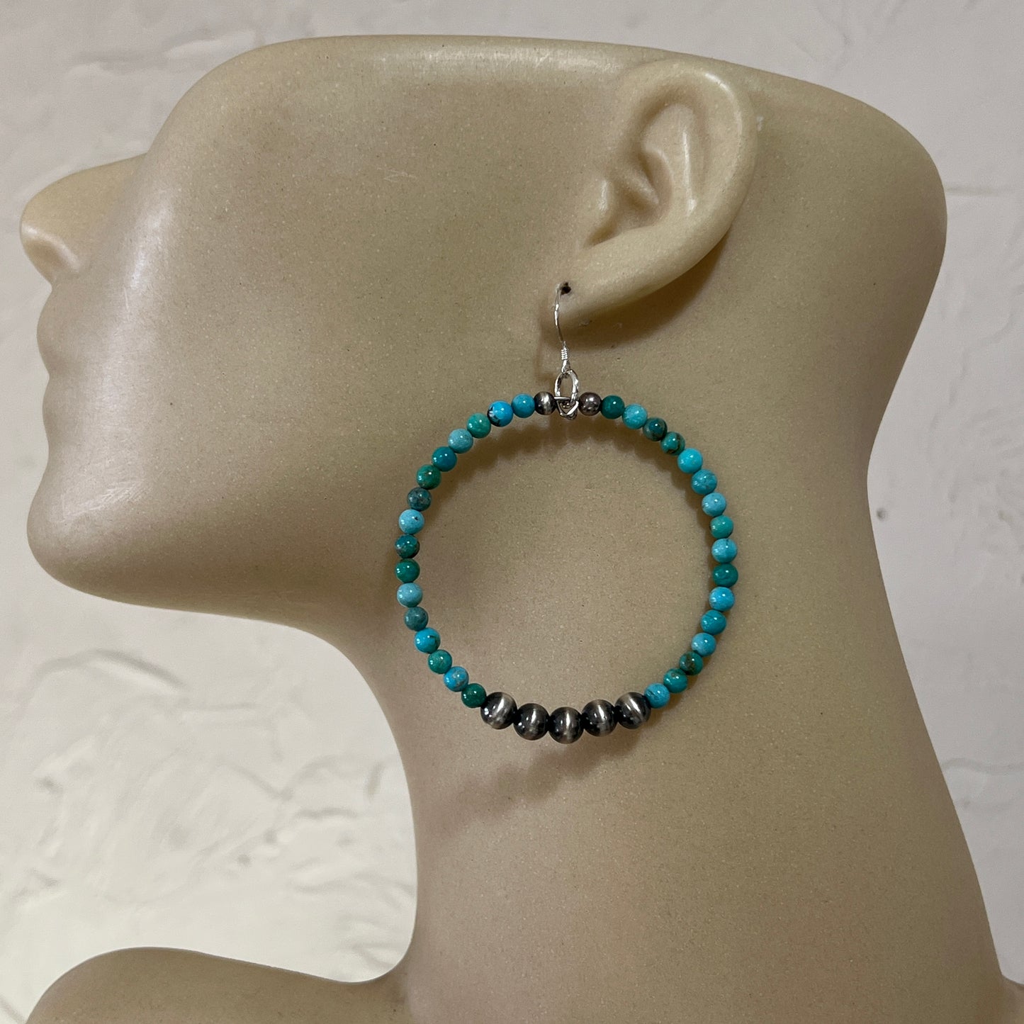4mm round turquoise bead large hoop earrings, 6mm sterling silver oxidized bead 2 1/4"