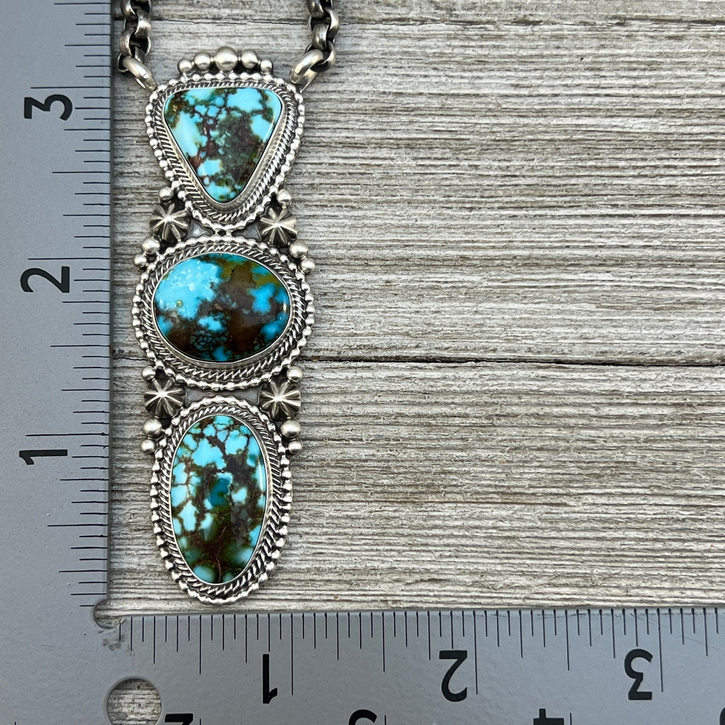 24" Kingman turquoise Necklace 1, Sterling Silver Rolo Chain Tom Lewis
