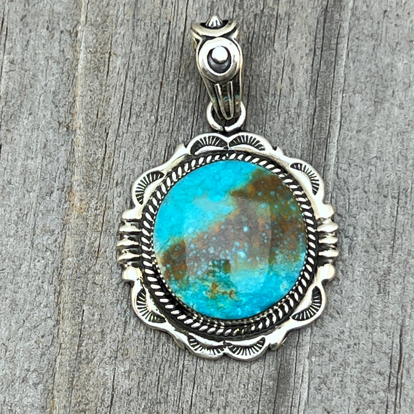 Kingman Turquoise Pendant Sterling silver Navajo handmade Jeremy Delgarito 759