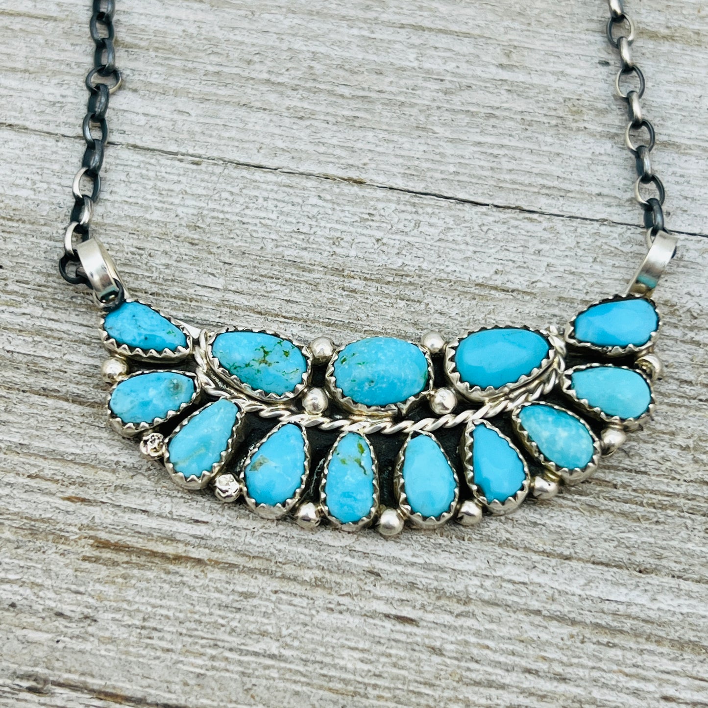 17 1/2" Turquoise Petit Point Cluster necklace Eunice Wilson Sterling silver
