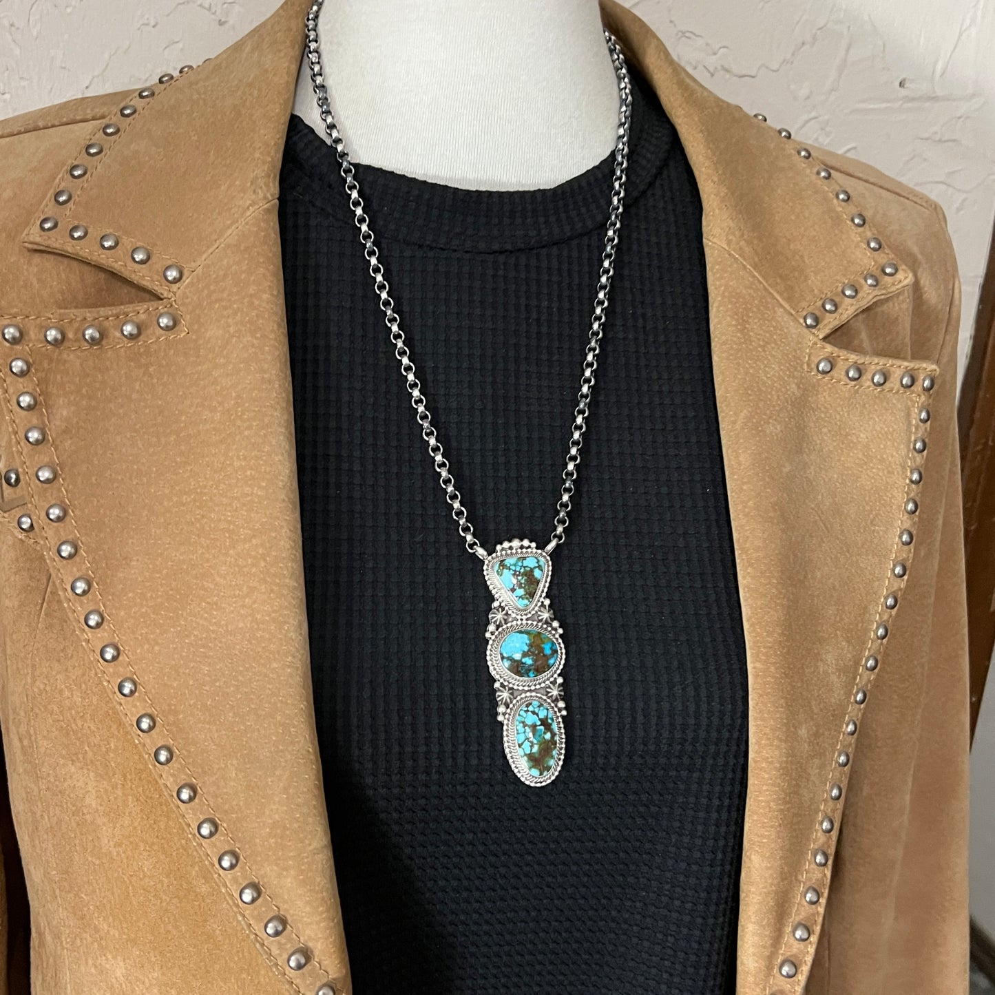 24" Kingman turquoise Necklace 1, Sterling Silver Rolo Chain Tom Lewis