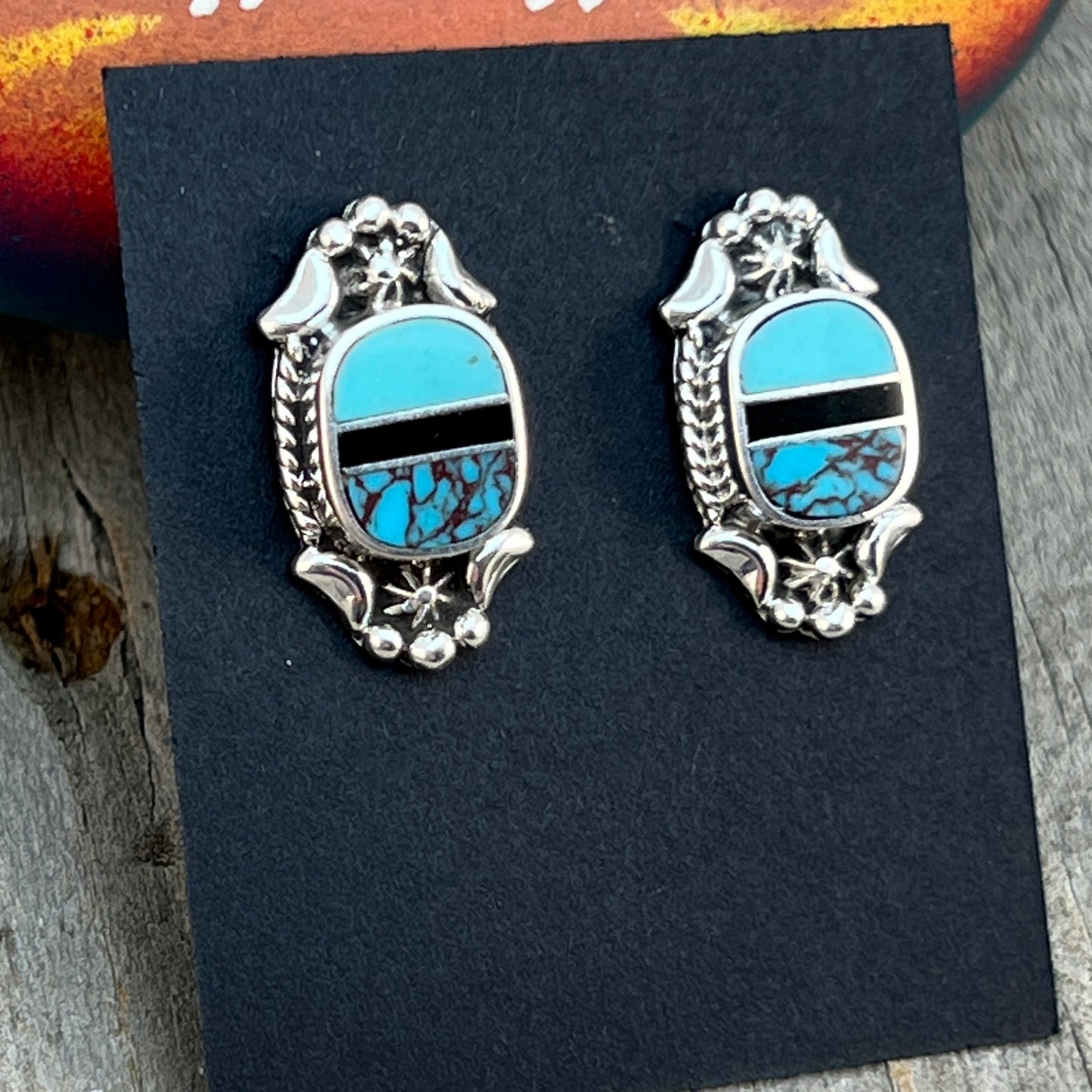 Modern Turquoise Inlay Stud Earrings Sterling Silver James Manygoats Navajo 665