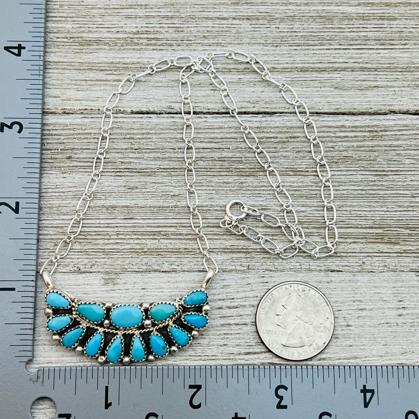 18" Turquoise Petit Point Cluster necklace Eunice Wilson Sterling silver